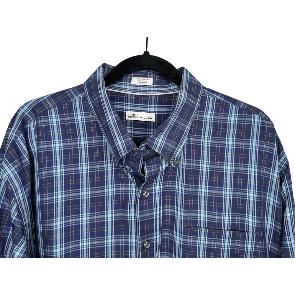 Peter Millar Button Down Shirt XXL Blue Navy Plaid Cotton L/S Mens Business